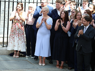 Marie-France van Heel, wife to UK Prime Minister, Andy Burnham is seen outside 10 Downing Street after Burnham is officially installed as PM.