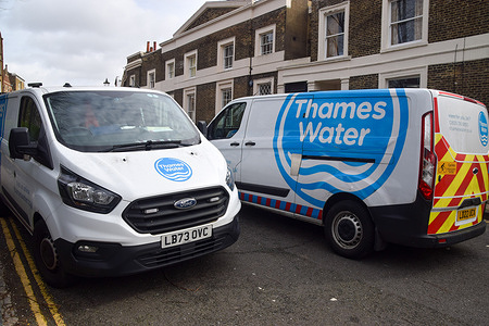Vans seen at a Thames Water pipe replacement site in central London as lenders set out a new 10-billion-pound rescue plan for the troubled water company.