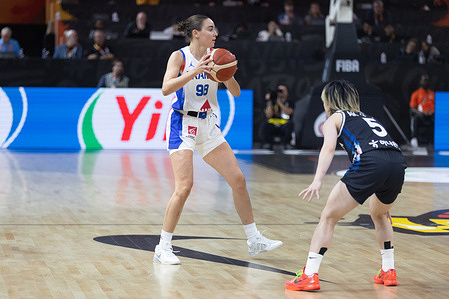 Pauline Astier of France (L) and Heji An (R) of Korea seen in action on day 2 of the group stage of the 2026 FIBA Women's World Cup between France and Korea at Max-Schmeling-Halle. Final score; France 95:69 Korea.