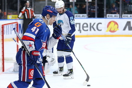 Matvei Polyakov (41) of SKA Hockey Club seen in action during the Hockey match, Kontinental Hockey League 2025/2026 between SKA Saint Petersburg and Barys Kazakhstan at the Ice Sports Palace. (Final score; SKA Saint Petersburg 7:0 Barys Kazakhstan).