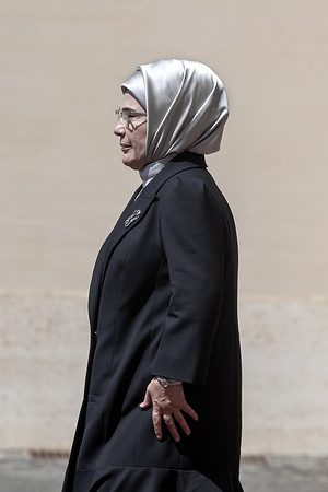 First Lady Emine Erdogan, wife of the President of the Republic of Turkey, leaves at the end of a private audience with Pope Leo XIV.