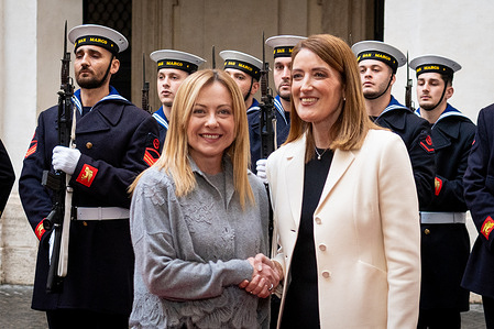 Italian Prime Minister Giorgia Meloni receives the President of the European Parliament, Roberta Metsola at Palazzo Chigi in Rome.