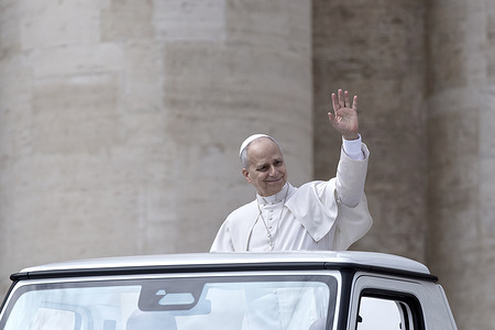 Pope Leo XIV leaves at the end of his weekly general audience in St. Peter's square at the Vatican.