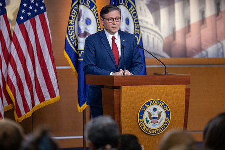 Speaker of the House Mike Johnson (R-LA) speaks during a press conference. Speaker Johnson held a press conference as the Senate moved forward on government funding, as the government shutdown continues into a 41st day.