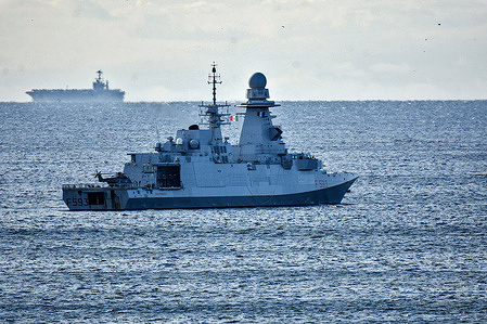 The guided-missile frigate Carabiniere (F593) leaves the French Mediterranean port of Marseille.