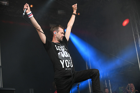 Tom Meighan former lead singer of Kasabian performs live at Askern Music Festival in Doncaster.