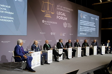 (L-R) Alexander Savenkov – Director of the Institute of State and Law of the Russian Academy of Sciences, Sergey Kabyshev – Chairman of the State Duma Committee on Science and Higher Education, Andrey Klishas – Chairman of the Federation Council Committee on Constitutional Legislation and State Building, Konstantin Malofeev – Leading Researcher at the Institute of State and Law, Russian Academy of Sciences, Valery Fadeev – Advisor to the President of the Russian Federation; Chairman of the Presidential Council for Civil Society and Human Rights, Valery Mitskevich – Head of the Secretariat of the All-Belarusian National Assembly; Chairman of the Union of Lawyers of the Republic of Belarus, Priest Fedor Lukyanov – Chairman of the Patriarchal Commission on Family Matters, Protection of Motherhood and Childhood, Aleksey Aleksandrov – Chairman of the Commission on Legal Culture and Professional Ethics, Russian Lawyers Association, and Akmal Saidov – First Deputy Speaker of the Legislative Chamber of the Oliy Majlis of the Republic of Uzbekistan; Director of the National Center for Human Rights seen during the Law as a Factor in Preserving Russias National and Cultural Identity, Protecting Sovereignty, and Safeguarding Historical Truth session at The St. Petersburg International Legal Forum at the Expoforum Convention and Exhibition Center.
