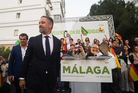 Spain's far-right party Vox leader Santiago Abascal (2-L) is seen looking out as he takes part in a rally. Political parties are beginning pre-campaign events and rallies ahead of the upcoming regional elections in Andalusia on 17 may, as well as introducing their candidates to lead the Andalusian government