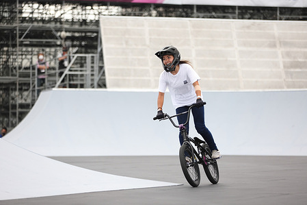 Crea Sato in action during her second heat ride at the Ready Steady Tokyo BMX Freestyle Olympic Test Event in Ariake Urban Sports Park.