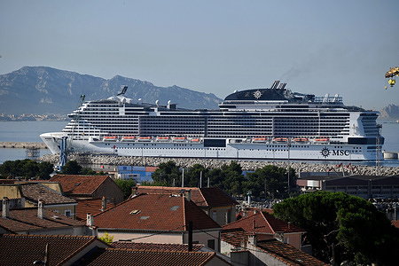 View of the passenger cruise ship MSC Meraviglia as it arrives at the French Mediterranean port.