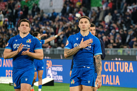 Alessandro Garbisi (L) and Jacopo Trulla (R) of Italy during the match between Italy and France in the Guinness Six Nations Men's Rugby at the Olympic Stadium in Rome, Italy. France national team wins against Italy with a score 24-73.