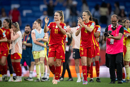 Alexia Putellas (Spain) and Irene Paredes (Spain) celebrate during a Women's Nations League match between Spain and England at Stage Front Stadium. Final Score: Spain 2 - England 1.