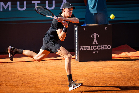 Jannik Sinner of Italy seen in action with Jesper De Jong of Netherlands (not in view) in the Men's Singles Round of 32 match during Day Eight of the Internazionali BNL D'Italia 2025 Italian Open at Foro Italico.