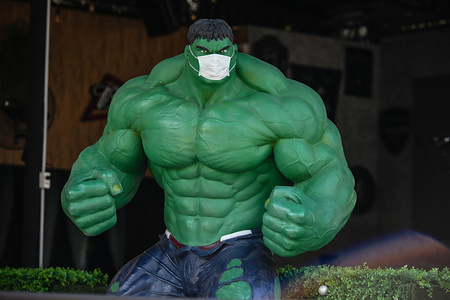 A sculpture of The Incredible Hulk wearing a protective mask as a precautionary against the spread of Coronavirus at a restaurant in Bangkok. 
Thai Public Health Ministry reported 143 new cases of Coronavirus (Covid-19), raising the total to 1,388 and 7 deaths.