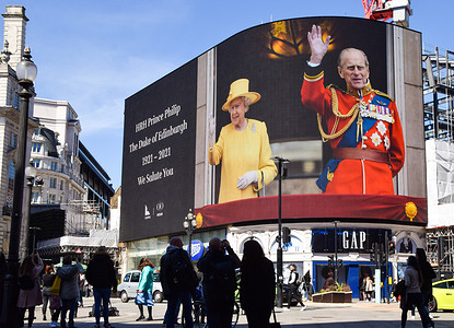 Prince Philip tributes displayed on the screens at Piccadilly Circus.The funeral of the Duke of Edinburgh took place on the 17th of April 2021 in Windsor.