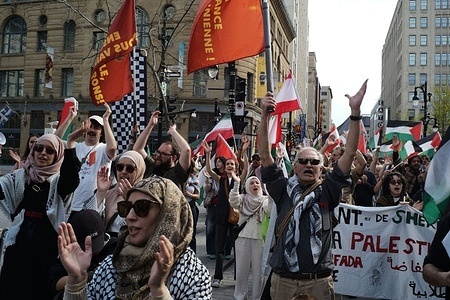 Demonstrators clapped at the sound of the drums during the march. On the 16th of May 2026, members of the Palestinian community and allies in Montreal commemorated the 78th Nakba, which translates to "catastrophe" in Arabic and resulted in the ethnic cleansing and displacement of at least 750,000 Palestinians and the foundation of the State of Israel in 1948. This is an annual demonstration, and they demanded the end of the Zionist government and the ongoing offensive against Gaza.