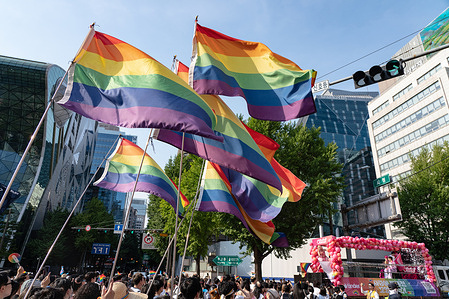Pride flags are seen during the Seoul Queer Parade in Seoul downtown. The 27th Seoul Queer Parade (SQP) was held in Seoul, South Korea.
It is a public cultural event held downtown every year to promote LGBTQIA+ visibility, human rights, cultural enjoyment, and pride.