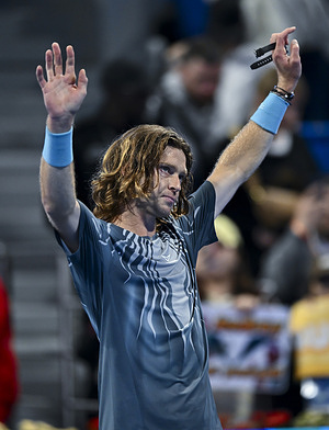 Andrey Rublev of Russia celebrates after winning against Jesper de Jong of the Netherlands (not in view) during their men's singles round of 32 match at the ATP Qatar Exxonmobil Open 2026 tennis tournament at the Khalifa International Tennis Complex. Jesper de Jong won against Andrey Rublev 6-4,6-3.  