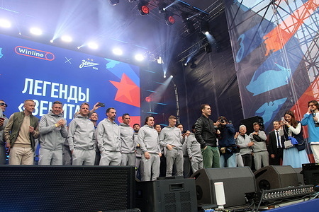 Football players during the celebration of the 100th anniversary of FC Zenit in Sevkabel Port in St. Petersburg, Russia. FC Zenit is celebrating its 100th anniversary in May 2025. Founded on May 25, 1925, at the Leningrad Metal Plant, the club marks a century of football history, success, and strong ties to Saint Petersburg. The celebration featured live performances, fan activities, and appearances by club legends.