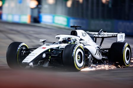 Sergio Perez of Mexico drives the (11) Cadillac Formula 1 Team MAC-26 during sprint qualifying ahead of the F1 Grand Prix of Singapore at the Marina Bay Street Circuit.