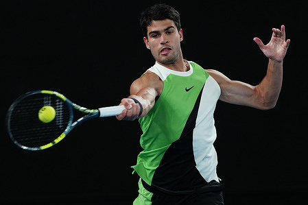 Carlos Alcaraz of Spain seen in action during the Men's Singles final match against Novak Djokovic of Serbia (not in view) on day 15 of the 2026 Australian Open at Melbourne Park.