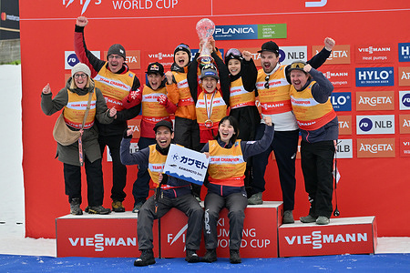 Nations World Cup Winner Team Japan celebrate after the Women's Flying Hill HS240 World Cup Final round of the FIS Ski Jumping World Cup.