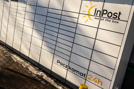 The logo of Inpost is seen on a bank of parcel lockers. A collection of photographs of Polish courier company Inpost parcel lockers. Inpost has agreed a deal to be sold to a consortium consisting of Advent International, FedEx, and existing shareholders for 7.8 billion Euros. Rafal Brzoska, the founder of the company, will remain president despite the sale of shares.