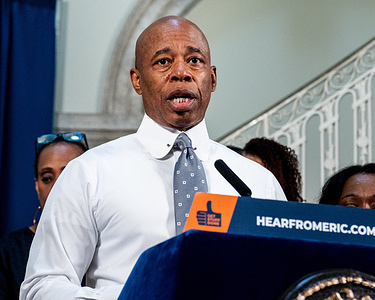 New York City Mayor Eric Adams (D) speaking about asylum seekers and their impact on New York City, at City Hall in New York City.