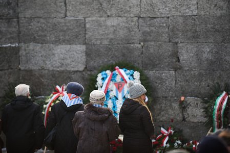 Auschwitz survivors are seen attending the official ceremony at the Nazi German Auschwitz-Birkenau death camp during the 74th Anniversary of Auschwitz Liberation.
