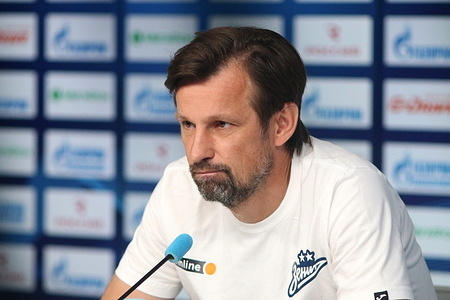 Sergei Semak, the head coach of Zenit Football Club responds to journalists' questions at a press conference before the Zenit - Spartak Moscow match, which will be held as part of the 5 round of the Russian Premier League.