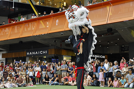 People seen performing dragon dance during Lunar New Year Day celebrations. Lunar New Year Day celebrations took place at Melbourne Chinatown, with cultural performances, lion dances, and community gatherings welcoming the start of the new lunar year and celebrating Chinese heritage and traditions.