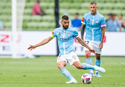 Melbourne City's Captain Aziz Behich seen in action during the A-League game between Melbourne City FC and Brisbane Roar FC at AAMI Park. Final score: Melbourne City 1: 0 Brisbane Roar.