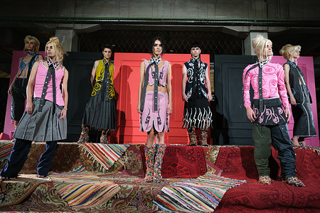 Models seen posing in creations designed by Manemane during the presentation of the "underground" collection at Madrid Fashion Week.