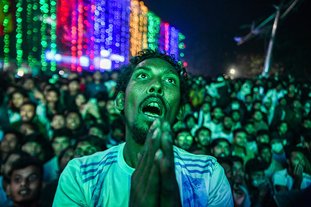 An Argentina supporter reacts as they watch the final football match of the Qatar 2022 World Cup between Argentina and France at the University of Dhaka area in Dhaka. Argentina won over France with a final score of 4-2.