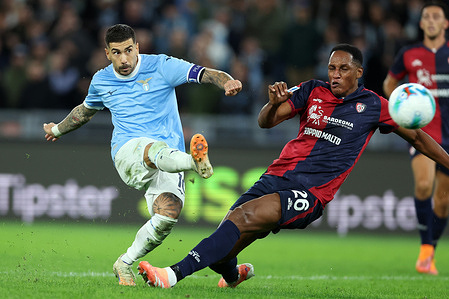 Mattia Zaccagni of Lazio and Yerry Mina of Cagliari Calcio seen in action during the Serie A Enilive 2025-2026 football matchday 10 between SS Lazio Vs Cagliari Calcio at Olympic Stadium. Final match result Lazio 2 : 0 Cagliari