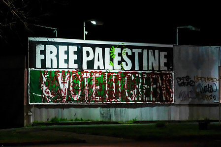 Lit up "Free Palestine" signage and graffiti seen on the street at night.