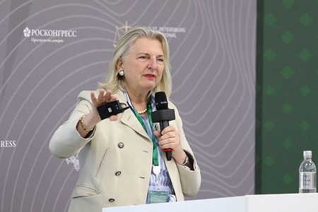 Karin Kneissl seen during the Lecture by the Head of the Geopolitical Observatory for Russia's Key Issues (G.O.R.K.I.) Centre, at The St. Petersburg International Legal Forum at the Expoforum Convention and Exhibition Center.