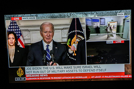 United States President Joe Biden is seen delivering a live televised address on the Gaza-Israel conflict - a split screen showing victims of Israeli retaliation from Hama’s surprise attack on October 7, being rushed to hospital in Gaza. President Biden reaffirmed United States unwavering support for Israel, emphasizing that his government will ensure Israel will not run out of military assets to defend itself.