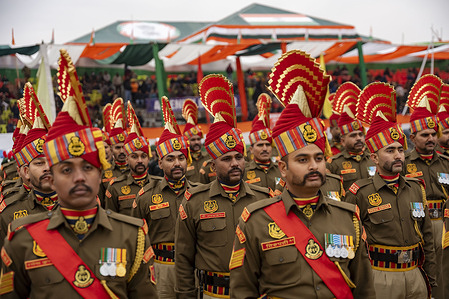 Border Security Force contingent perform during a Republic Day parade in Srinagar. India is celebrating its 77th Republic Day, marking the anniversary of the adoption of the Constitution of India and the nation’s transformation into a republic on 26 January 1950.