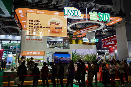 The booth of USSEC (U.S. Soybean Export Council) with the theme of sustainable agriculture is presented at the 8th China International Import Expo.