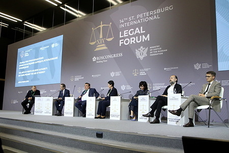 Vladimir Solovyev (L), Journalist, Anchor on the Television Show "Sunday Evening with Vladimir Solovyov" seen during The Limits of Rights Holders Authority: May Heirs Prohibit the Use of Works? session at The St. Petersburg International Legal Forum at the Expoforum Convention and Exhibition Center.