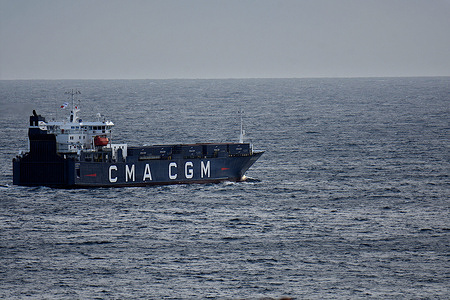General view of the Aknoul, a Ro-ro cargo ship of CMA-CGM, leaving Marseille. Ro-ro ship chartered by the CMA-CGM, the Aknoul left the port of Marseilles for Romania with the largest French cargo ever shipped to Ukraine since the start of the war.