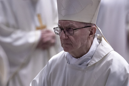 Cardinal Pietro Parolim attends mass on the eighth day of the "Novendiali," nine days of mourning for late Pope Francis, in St. Peter's basilica at the Vatican