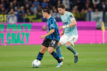 Giacomo Raspadori of Atalanta BC under pressure from Manuel Locatelli during the Italian Serie A soccer match Atalanta BC vs Juventus FC at New Balance Arena Stadium.Final score Atalanta BC 0:1 Juventus FC