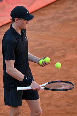 Jannik Sinner seen in action during the Internazionali BNL d Italia 2025 at Foro Italico. Jannik Sinner of Italy won against Jesper De Jong of the Netherlands with the final score of 6:4, 6:2.