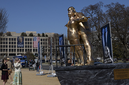 A golden satirical statue titled “King of the World,” depicting U.S. President Donald Trump and late financier and convicted sex offender Jeffrey Epstein in a pose referencing the film Titanic, stands on the National Mall.