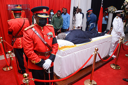 (EDITORS NOTE: Image depicts death) Members of the public view the body of the late president Mwai Kibaki, lying-in-state at Parliament Buildings in Nairobi. The 90 year old former head of state died on February 22, 2022 as announced by the current president Uhuru Kenyatta.