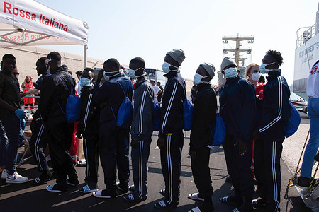 A group of survivors saved by the MSF's 36th rotation disembarked from the Geo Barents at the port of Bari and checked in with the Italian Red Cross. The Geo Barents' 36th MSF rotation rescued 55 survivors in the Mediterranean sea.