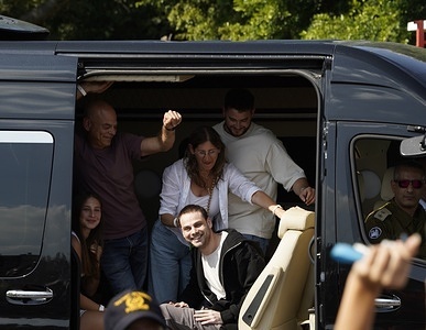 Israeli hostage Alon Ohel returns from Hamas captivity in Gaza. Released Israeli hostages arrive to Bilinson hospital, after 2 years in Hamas captivity in Gaza, Petah Tiqua, Israel.