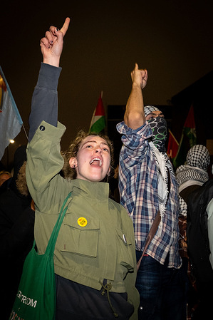 Protesters chant slogans and make gestures during the demonstration. Protesters gathered outside the main gate of HMP Pentonville in London to support Palestinian political prisoners on hunger strike, demanding an end to censorship, immediate bail, fair trials, de-proscription, and the closure of Elbit. Activists called for solidarity against state repression and highlighted the ongoing violence and humanitarian crisis in Palestine, urging authorities to respect the rights of detainees and address the broader conflict.